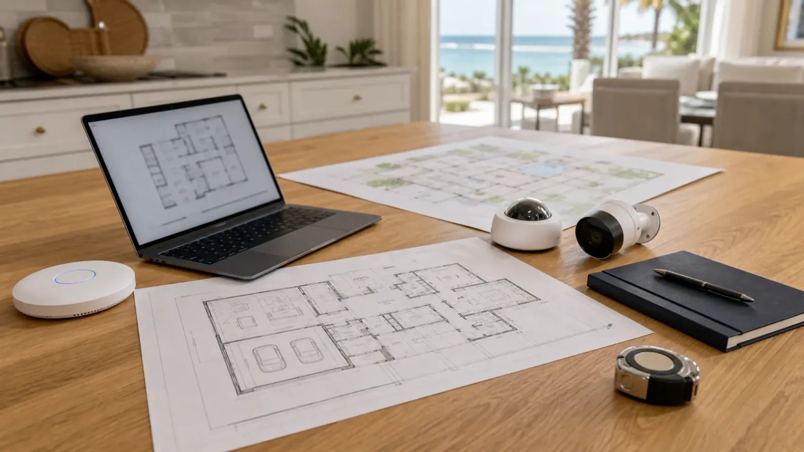 Home network and camera planning materials on a coastal home table