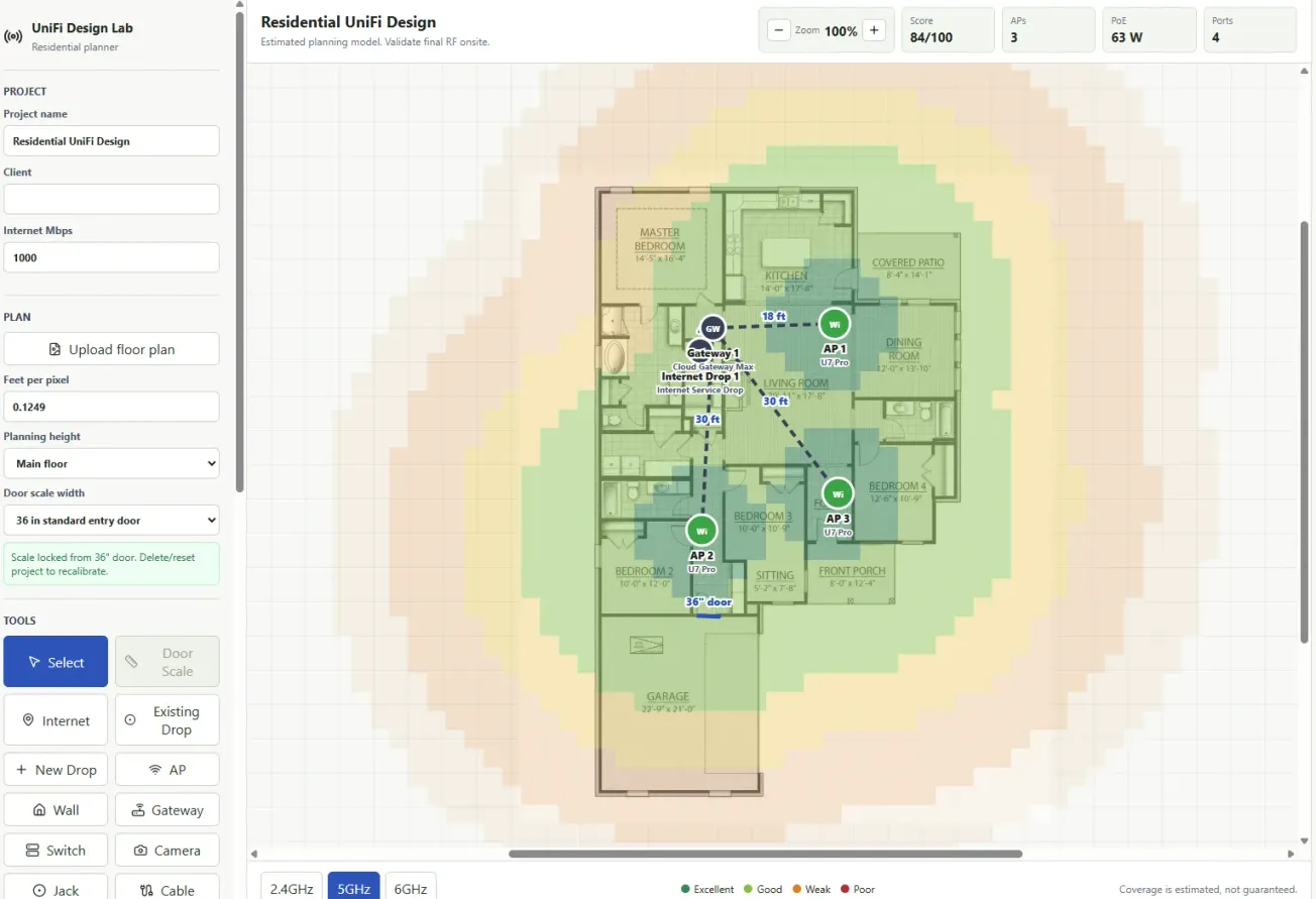 UniFi Designer floor plan with access point coverage mapped across a residential home