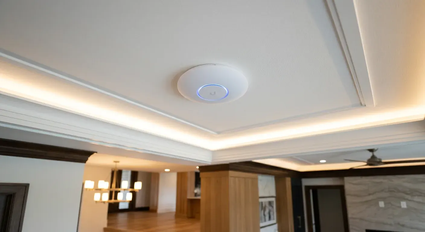 Discreet ceiling-mounted UniFi access point in a finished home